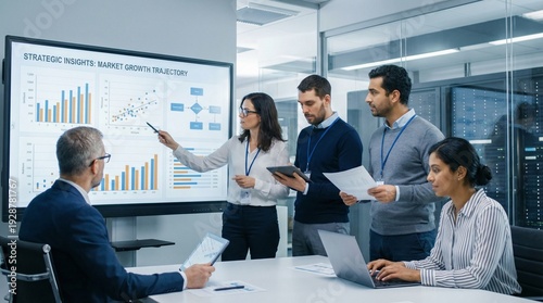 Diverse business team collaborating on strategic insights during a corporate meeting with data displayed on a large screen