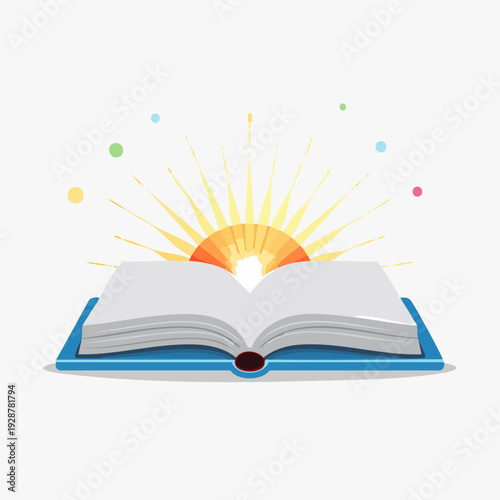 Open Book with Sunrise and Colorful Dots.