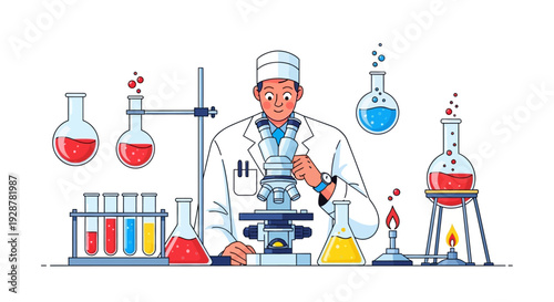 Scientist conducting experiment with colorful chemicals and microscope