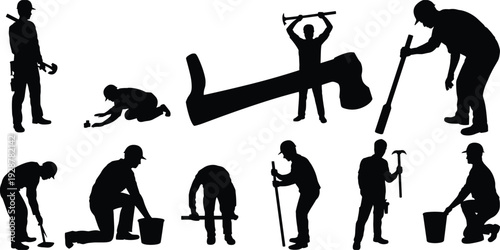 Construction workers hammering and digging silhouette set isolated on white background manual labor vector illustration