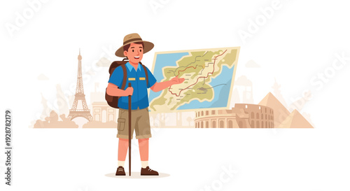 Happy male tourist planning trip with map in front of landmarks