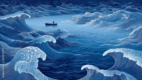 Solo fisherman in small boat amidst giant ocean waves at twilight . Style of artistic engraving