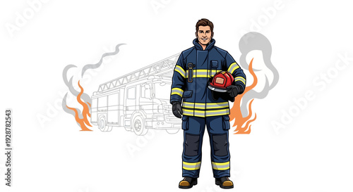 Confident firefighter standing in front of firetruck with flames