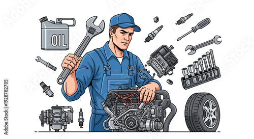 Mechanic working on engine with tools and parts around him