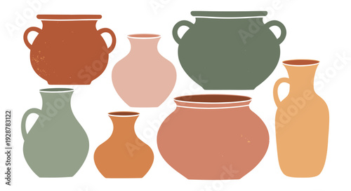 Collection of various handcrafted ceramic pottery and vases in earthy tones.