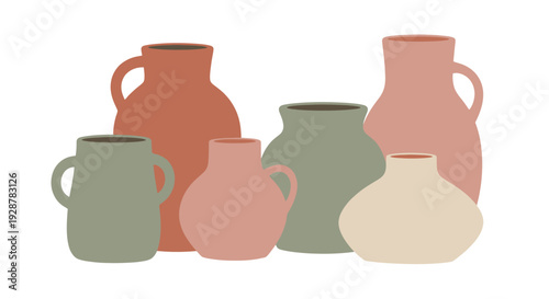 Collection of various handcrafted ceramic pottery vases and jugs.