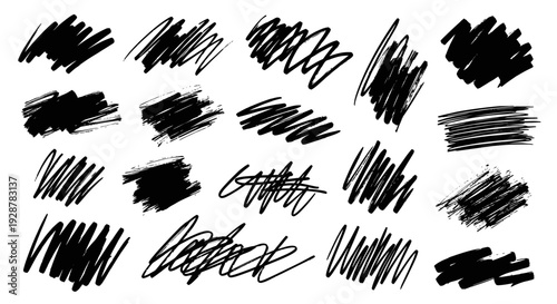 Collection of various hand-drawn black scribble and doodle marks.