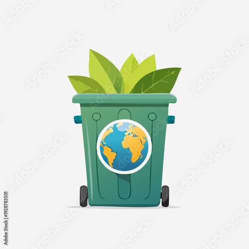 Green recycling bin with planet earth symbol and green leaves growing out of it representing environmental protection and sustainability.