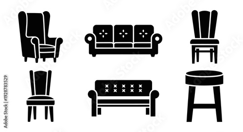 Furniture Seating Icons With Sofa Armchair Chair And Wooden Stool