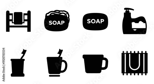 Bathroom Amenities Icons Including Soap Toothbrush Mug And Liquid Bottle