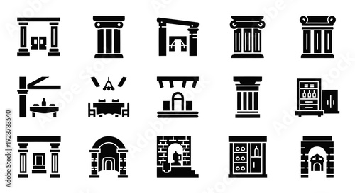 Ancient Greek Column Architecture And Classic Interior Design Icon Set
