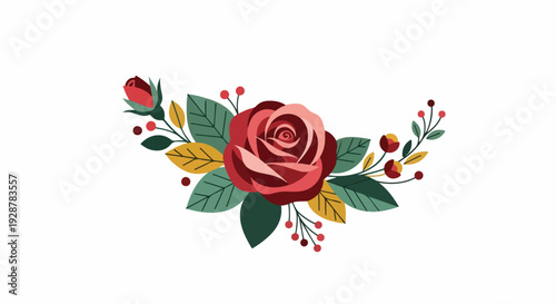 Floral design featuring a large rose, leaves, berries, and buds