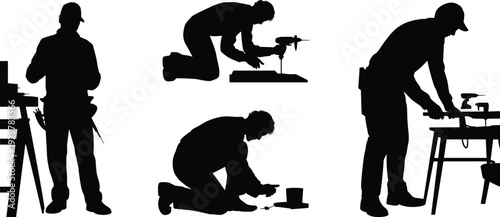 Woodworking silhouettes, construction worker tasks, power drill usage, workbench carpentry, tool belt, kneeling labor, manual craft, industrial site artwork