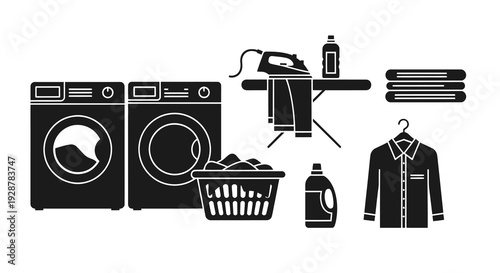 Laundry Room Equipment Icon Set With Washing Machine And Ironing