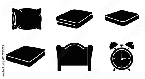 Bedroom Sleep Accessories Icon Set With Pillow Mattress Alarm Clock