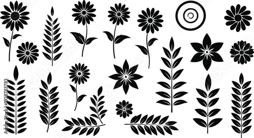 Large collection of black floral silhouette vector icons featuring various flowers like sunflowers daisies and rose leaves for garden and nature themed graphic designs.