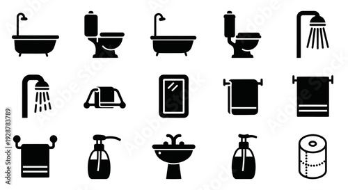 Bathroom Accessory Icon Set With Bathtub Toilet Shower And Sink