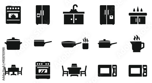 Kitchen Equipment And Cooking Utensils Silhouette Set For Food Industry