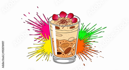 Colorful cocktail glass with ice and paint splashes.