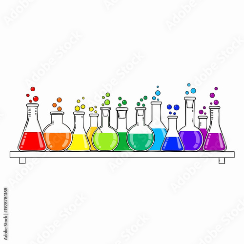 Colorful laboratory glass beakers on bench.