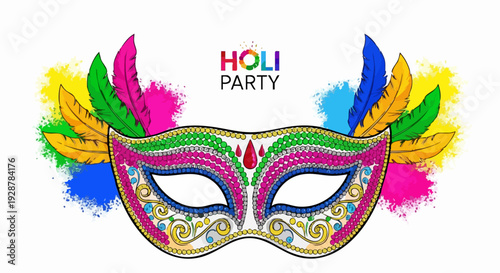 Colorful masquerade mask Holi Party with feathers and paint splashes.