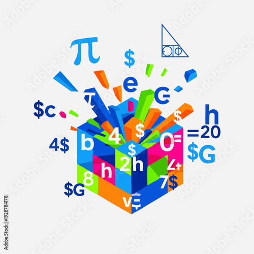 Colorful Math Cube with Symbols and Numbers.