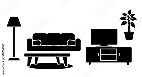 Living Room Entertainment Set with Sofa Television and Floor Lamp
