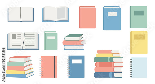 Collection of various colorful notebooks and books.