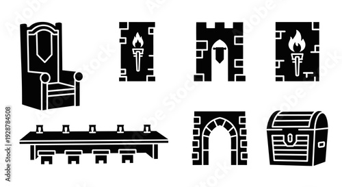 Medieval Castle Furniture Interior Icon Set with Throne and Chest