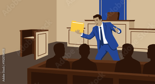 A lawyer dramatically presenting a piece of evidence to a jury box. Flat vector style, solid colors. Holding up a yellow folder. Featureless silhouettes of the jury members in the foreground.