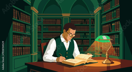A lawyer studying late at night in a grand law library. Flat vector style, solid colors. Towering bookshelves filled with identical colored books in the background, a glowing green desk lamp