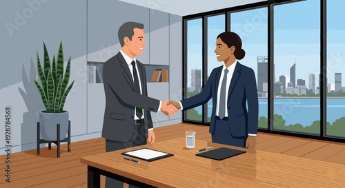  The Handshake Agreement
Two lawyers shaking hands across a large wooden conference table. Flat vector style, solid colors. Minimalist office background with a tall potted snake plant. 