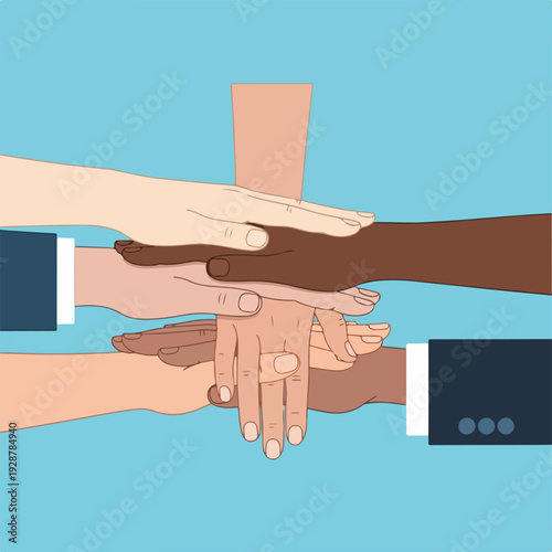 Illustration of diverse hands stacked together in teamwork
