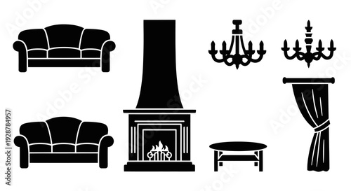 Living Room Furniture Silhouette Set With Sofa Fireplace And Chandelier
