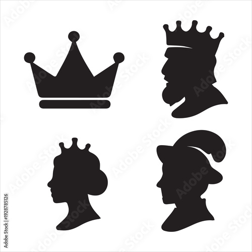 Royalty silhouette icon set. King, queen, noble ancrown symbols. Medieval monarchy characters profile. Head of historical royal family members. Heraldic fantasy vector elements.