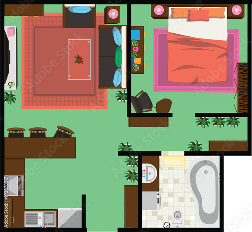 Floor Plan of House Top View Flat Open Concept Living Room Bedroom Kitchen Interior Design Layout Vector