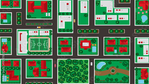 Above View City Map Interior Park Building School House Hospital Restaurant City Top View Landscape Vector