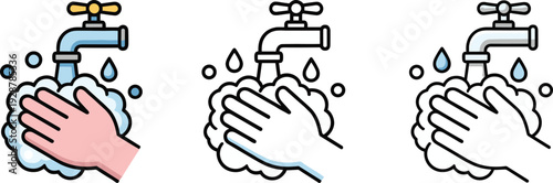 Set of three minimalist hand washing icons featuring soapy hands under a water faucet, essential hygiene symbols for health, safety, and sanitization design projects.