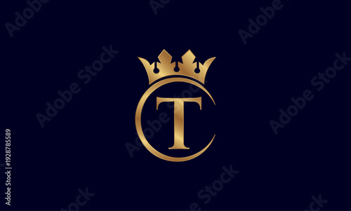 Luxury Golden Letter T Logo with Royal Crown and Circular Frame on Dark Background