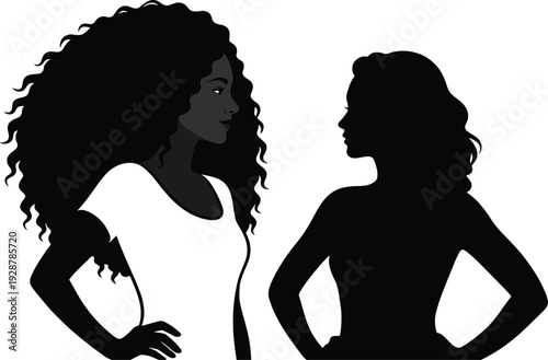Silhouette of two diverse women with curly and wavy hair standing confidently facing each other isolated on white background for empowerment and beauty