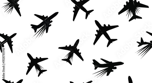 The image features a seamless pattern composed of black airplane silhouettes set against a white background. This design creates a striking contrast, making the airplanes easily visible and prominent 