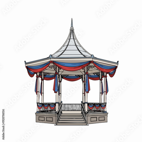 Decorative gazebo bandstand with draped banner canopy.