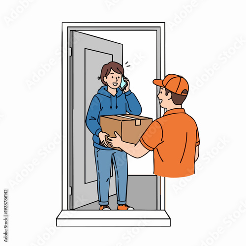 Delivery Person Handing Package To Customer At Door.