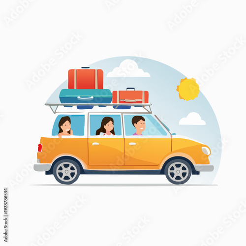 Family vacation car loaded with luggage on roof rack.