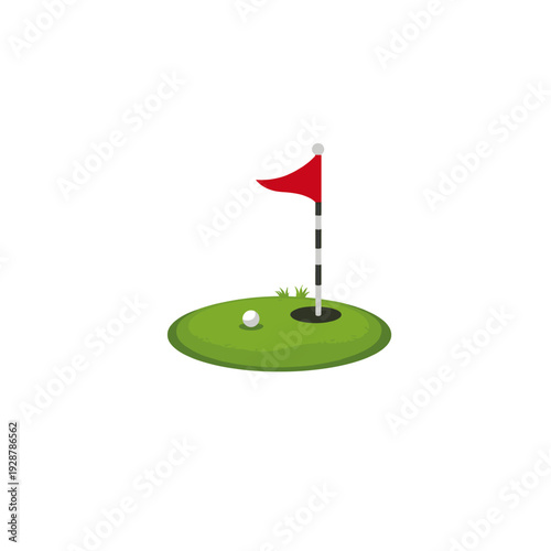 Golf Ball Near Hole with Red Flag on Green icon flat vector design