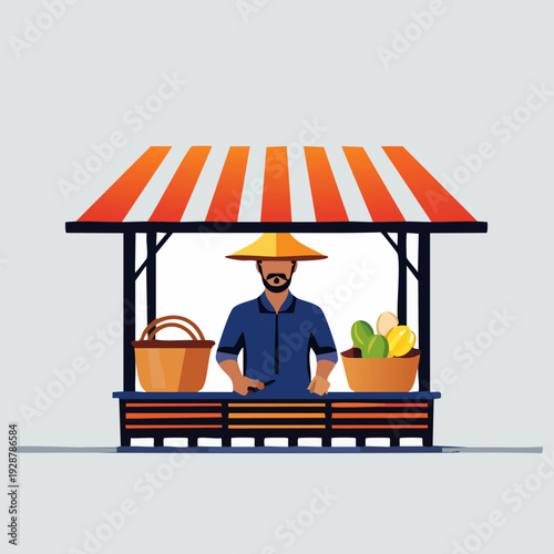 Farmer at stall selling fruits and vegetables in market.