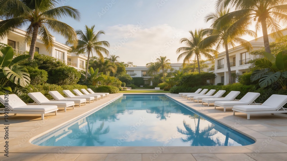 Fototapeta premium Luxury pool with palm trees and lounge chairs