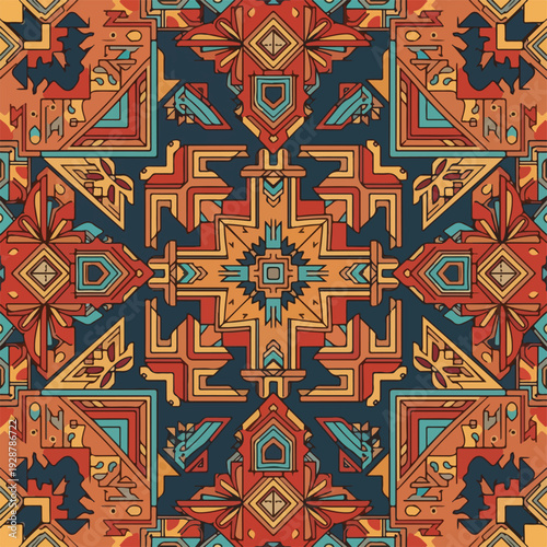 Intricate geometric pattern with symmetrical design, featuring varied shapes and colors