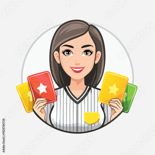 Female Referee Holding Red and Yellow Cards in a Circle Frame.