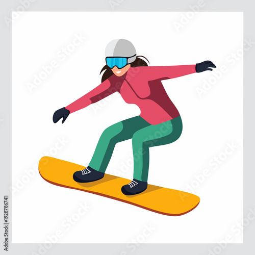 Female snowboarder in winter gear riding a board.